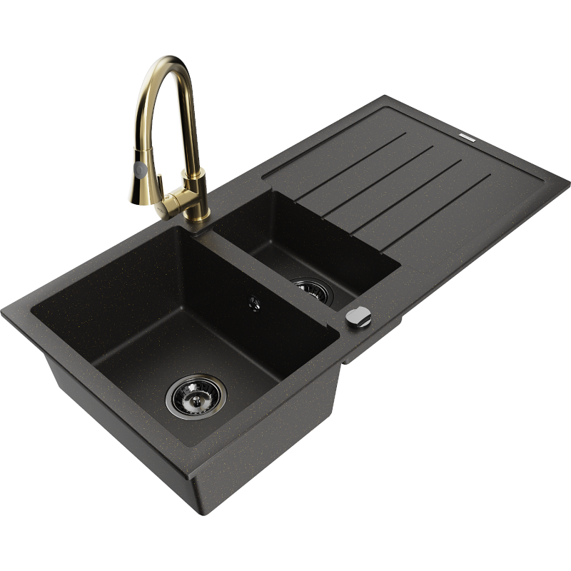 Mexen Andres 1,5 tarnų granitinė kriauklė su nutekėjęs ir virtuves maišytuvu Elia, juoda/auksinis metalikas