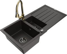 Mexen Andres 1,5 tarnų granitinė kriauklė su nutekėjęs ir virtuves maišytuvu Elia, juoda/auksinis metalikas