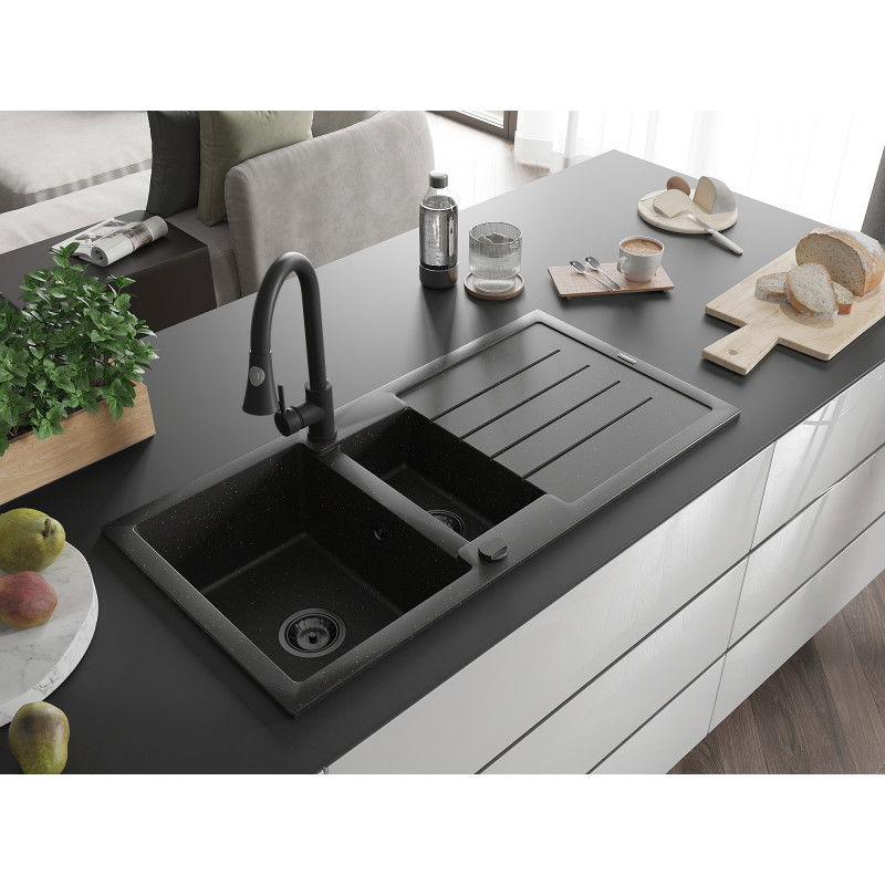 Mexen Andres 1,5 kamerų granitinė kriauklė su nutekėjimu ir virtuviniu maišytuvu Elia, juoda/auksinė metalika