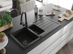 Mexen Andres 1,5 kamerų granitinė kriauklė su nutekėjimu ir virtuviniu maišytuvu Elia, juoda/auksinė metalika