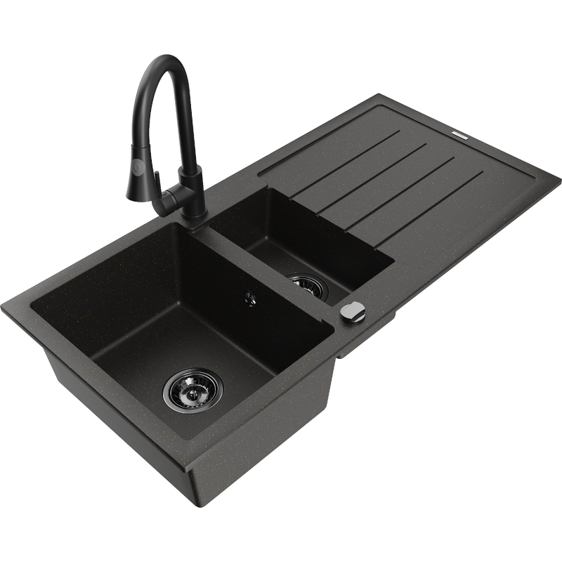 Mexen Andres 1,5 kamerų granitinė kriauklė su nutekėjimu ir virtuviniu maišytuvu Elia, juoda/auksinė metalika