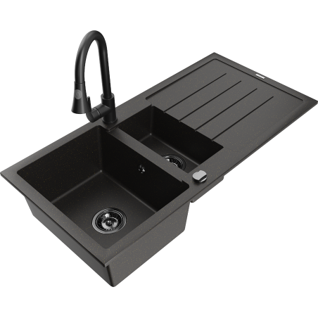 Mexen Andres 1,5 kamerų granitinė kriauklė su nutekėjimu ir virtuviniu maišytuvu Elia, juoda/auksinė metalika