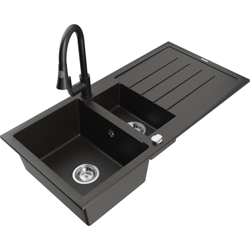 Mexen Andres granitinė 1,5 kamerų kriauklė su nusausintuvu ir virtuviniu maišytuvu Elia, juoda/auksinė metalizuota