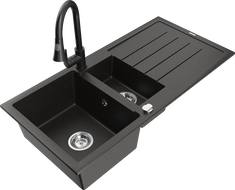 Mexen Andres granitinė 1,5 kamerų kriauklė su nusausintuvu ir virtuviniu maišytuvu Elia, juoda/auksinė metalizuota