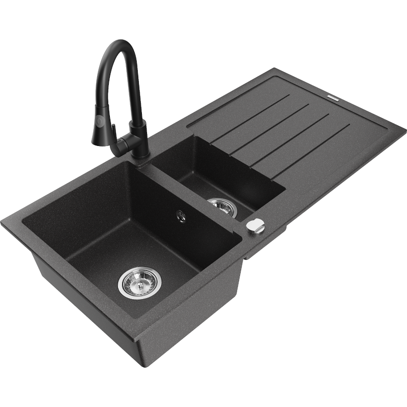 Mexen Andres granito plautuvė 1,5-dalinė su nusausintuvu ir virtuviniu maišytuvu Elia, juoda dėmėta - 6515-76-670101-70