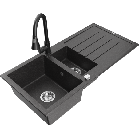Mexen Andres granito plautuvė 1,5-dalinė su nusausintuvu ir virtuviniu maišytuvu Elia, juoda dėmėta - 6515-76-670101-70