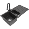 Mexen Andres granito plautuvė 1,5-dalinė su nusausintuvu ir virtuviniu maišytuvu Elia, juoda dėmėta - 6515-76-670101-70
