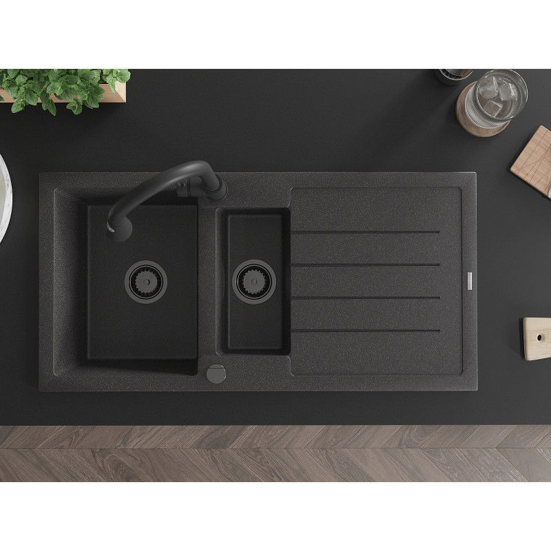 Mexen Andres granitinė plautuvė 1,5 skylių su nusausintuvu ir virtuvės maišytuvu Elia, juoda dėmėta - 6515-76-670101-70-B