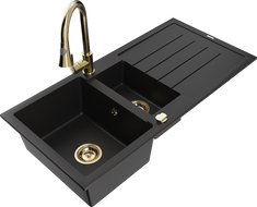 Mexen Andres 1,5 dalių granitinė plautuvė su nusausinimo vieta ir virtuviniu maišytuvu Elia, juoda - 6515-77-670101-50