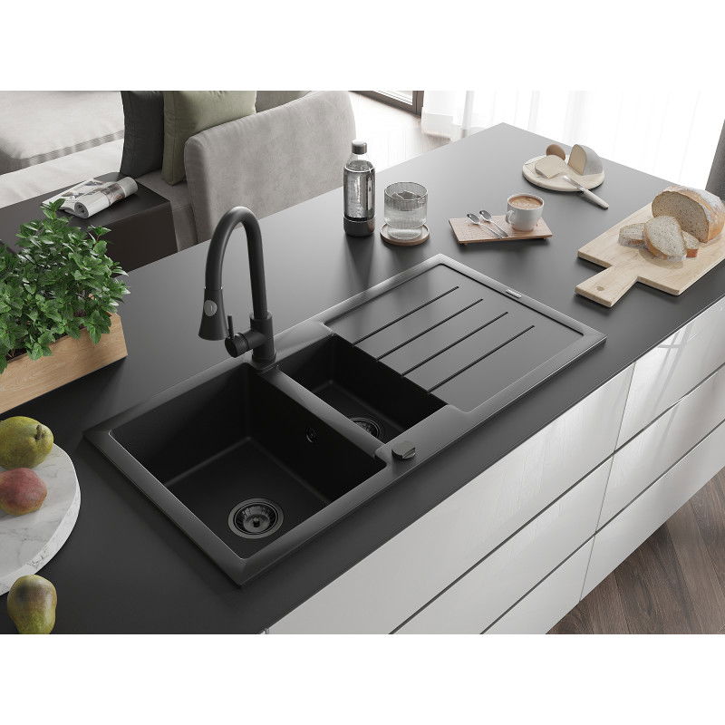 Mexen Andres granitinė 1,5 skylių plautuvė su nusausintuvu ir virtuviniu maišytuvu Elia, juoda - 6515-77-670101-70-B
