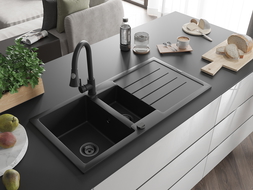 Mexen Andres granitinė 1,5 skylių plautuvė su nusausintuvu ir virtuviniu maišytuvu Elia, juoda - 6515-77-670101-70-B