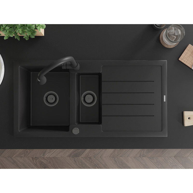 Mexen Andres granitinė 1,5 skylių plautuvė su nusausintuvu ir virtuviniu maišytuvu Elia, juoda - 6515-77-670101-70-B