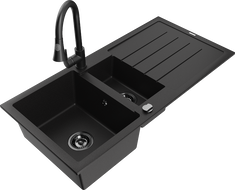 Mexen Andres granitinė 1,5 skylių plautuvė su nusausintuvu ir virtuviniu maišytuvu Elia, juoda - 6515-77-670101-70-B