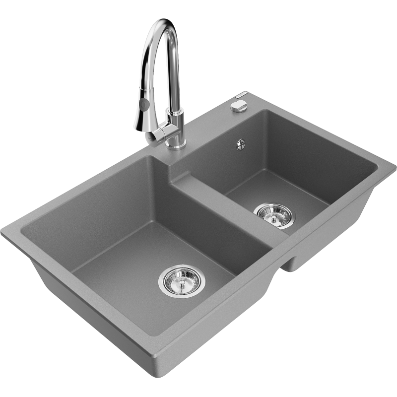 Mexen Tomas dviejų skyrių granitinė kriauklė su virtuviniu maišytuvu Elia, pilka - 6516-71-670101-00