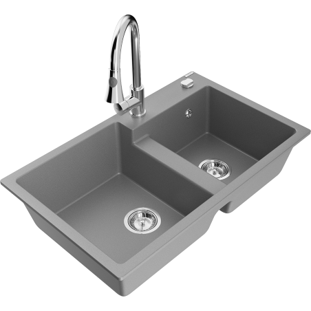 Mexen Tomas dviejų skyrių granitinė kriauklė su virtuviniu maišytuvu Elia, pilka - 6516-71-670101-00