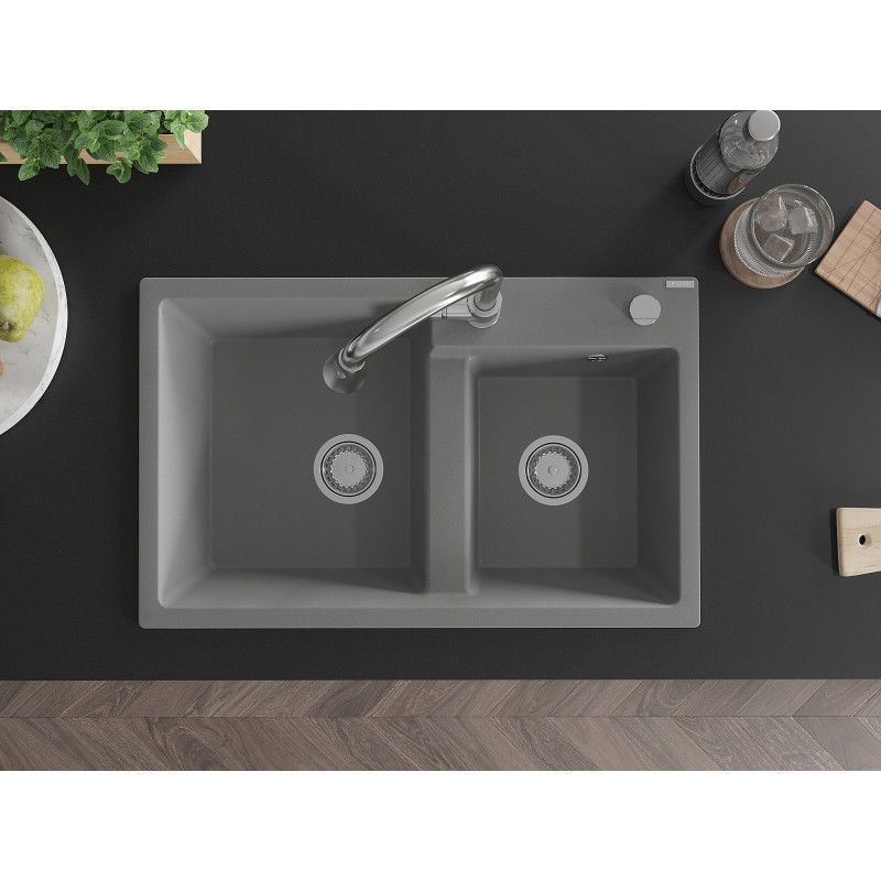 Mexen Tomas dviejų skyrių granitinė kriauklė su virtuviniu maišytuvu Elia, pilka - 6516-71-670101-00