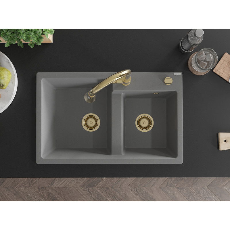 Mexen Tomas granitinė virtuvės plautuvė su dviem kameromis ir virtuviniu maišytuvu Elia, pilka - 6516-71-670101-50