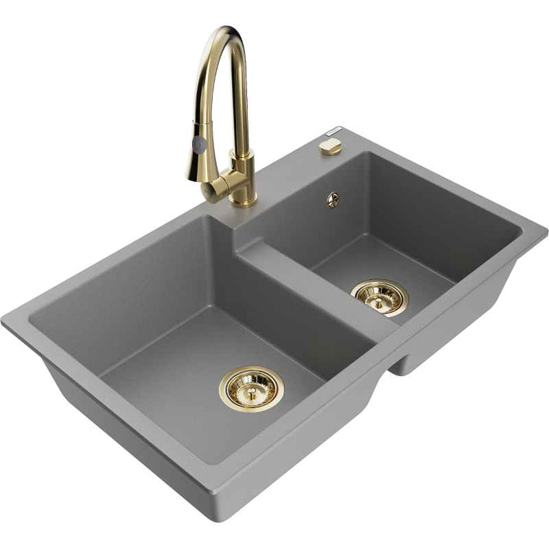 Mexen Tomas granitinė virtuvės plautuvė su dviem kameromis ir virtuviniu maišytuvu Elia, pilka - 6516-71-670101-50