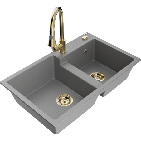 Mexen Tomas granitinė virtuvės plautuvė su dviem kameromis ir virtuviniu maišytuvu Elia, pilka - 6516-71-670101-50