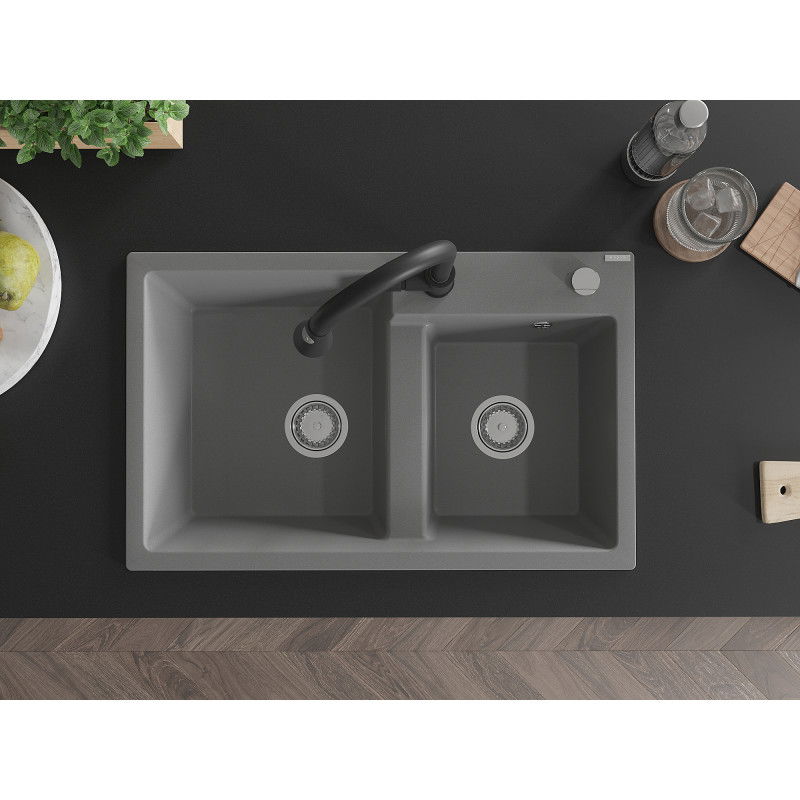 Mexen Tomas granitinė virtuvinė plautuvė su 2 skyreliais, su Elia virtuviniu maišytuvu, pilka - 6516-71-670101-70