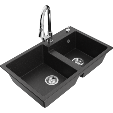 Mexen Tomas granitinė dviejų skyrių virtuvinė plautuvė su maišytuvu Elia, juoda/sidabrinė metalo spalva - 6516-73-670101-00