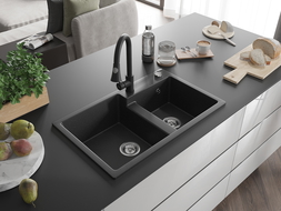 Mexen Tomas granitinis dviejų skylių plautuvas su virtuviniu maišytuvu Elia, juodas/sidabrinis metalikas - 6516-73-670101-70