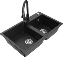 Mexen Tomas granitinis dviejų skylių plautuvas su virtuviniu maišytuvu Elia, juodas/sidabrinis metalikas - 6516-73-670101-70