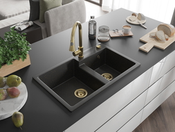 Mexen Tomas granito plautuvė 2-jų kamerų su virtuviniu maišytuvu Elia, juoda/auksinis metalikas - 6516-75-670101-50