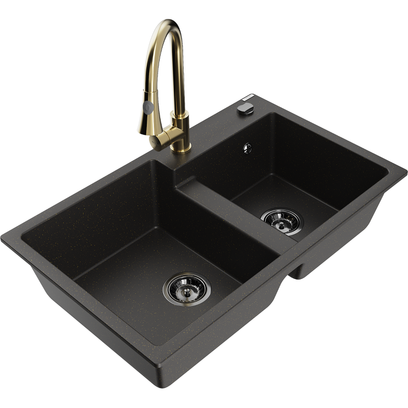 Mexen Tomas granitinė dviejų kamerų plautuvė su Elia virtuvės maišytuvu, juoda/auksinis metalikas - 6516-75-670101-50-B