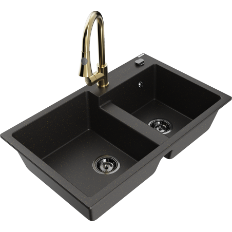 Mexen Tomas granitinė dviejų kamerų plautuvė su Elia virtuvės maišytuvu, juoda/auksinis metalikas - 6516-75-670101-50-B