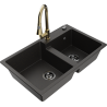 Mexen Tomas granitinė dviejų kamerų plautuvė su Elia virtuvės maišytuvu, juoda/auksinis metalikas - 6516-75-670101-50-B