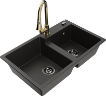 Mexen Tomas granitinė dviejų kamerų plautuvė su Elia virtuvės maišytuvu, juoda/auksinis metalikas - 6516-75-670101-50-B