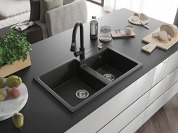 Mexen Tomas granito plautuvė 2 skyrių su virtuvės maišytuvu Elia, juodas/auksinis metalikas - 6516-75-670101-70