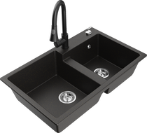 Mexen Tomas granito plautuvė 2 skyrių su virtuvės maišytuvu Elia, juodas/auksinis metalikas - 6516-75-670101-70