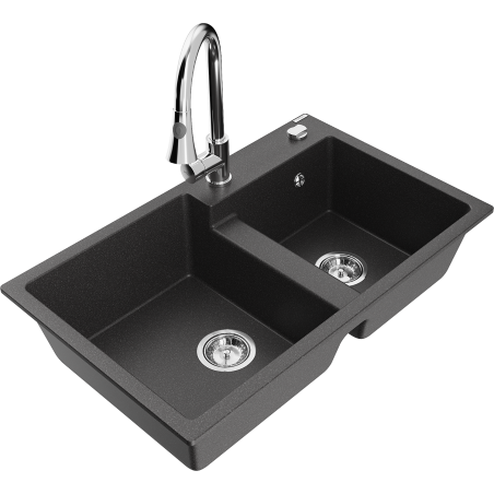Mexen Tomas 2 kamerų granitinė virtuvės kriauklė su Elia virtuvės maišytuvu, juoda su taškeliais - 6516-76-670101-00
