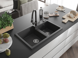 Mexen Tomas granitinė dviejų skyrių plautuvė su virtuviniu maišytuvu Elia, juoda dėmėta - 6516-76-670101-76