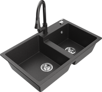 Mexen Tomas granitinė dviejų skyrių plautuvė su virtuviniu maišytuvu Elia, juoda dėmėta - 6516-76-670101-76