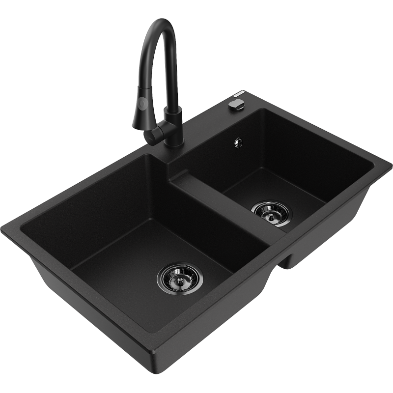 Mexen Tomas dviejų kamerų granitinė kriauklė su virtuviniu maišytuvu Elia, juoda - 6516-77-670101-70-B