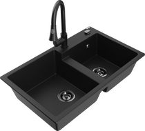 Mexen Tomas dviejų kamerų granitinė kriauklė su virtuviniu maišytuvu Elia, juoda - 6516-77-670101-70-B