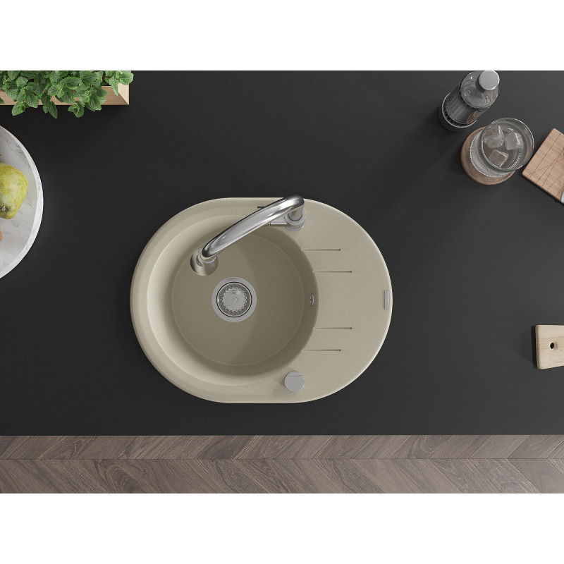 Mexen Kevin 1-dalių granitinė virtuvės kriauklė su nusausintuvu ir Elia maišytuvu, smėlio spalvos - 6517-69-670101-00