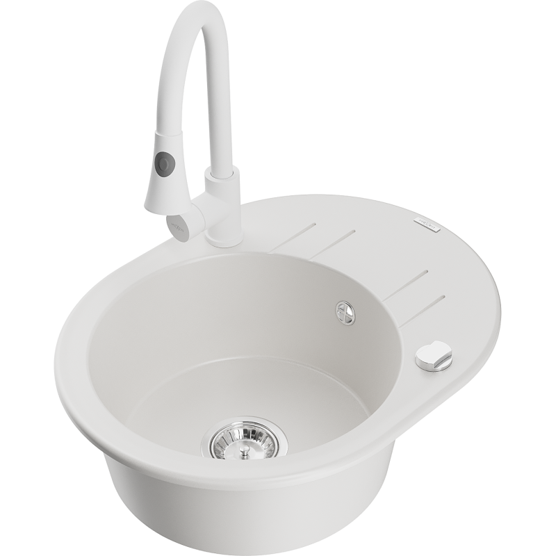 Mexen Kevin granitinė vienos kameros plautuvė su indaplove ir virtuviniu maišytuvu Elia, balta - 6517-20-670101-20