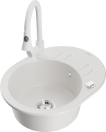 Mexen Kevin granitinė vienos kameros plautuvė su indaplove ir virtuviniu maišytuvu Elia, balta - 6517-20-670101-20