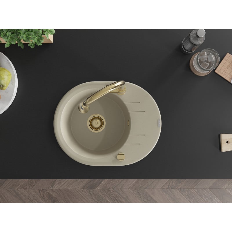 Mexen Kevin granitinė vienos kameros plautuvė su drenažu ir virtuviniu maišytuvu Elia, smėlio spalvos - 6517-69-670101-50