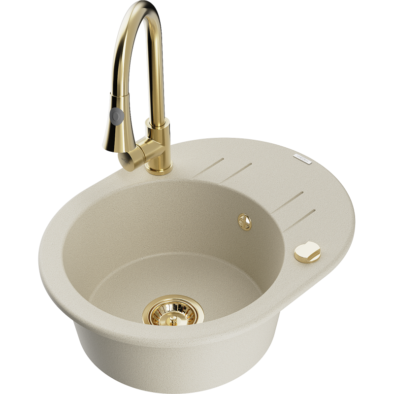 Mexen Kevin granitinė vienos kameros plautuvė su drenažu ir virtuviniu maišytuvu Elia, smėlio spalvos - 6517-69-670101-50