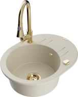 Mexen Kevin granitinė vienos kameros plautuvė su drenažu ir virtuviniu maišytuvu Elia, smėlio spalvos - 6517-69-670101-50