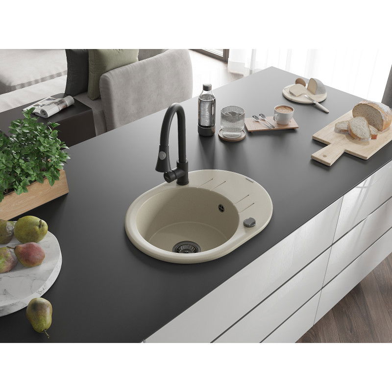 Mexen Kevin granitinė vienos sekcijos plautuvė su nusausintuvu ir virtuviniu maišytuvu Elia, smėlio spalvos