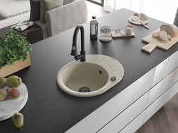 Mexen Kevin granitinė vienos sekcijos plautuvė su nusausintuvu ir virtuviniu maišytuvu Elia, smėlio spalvos