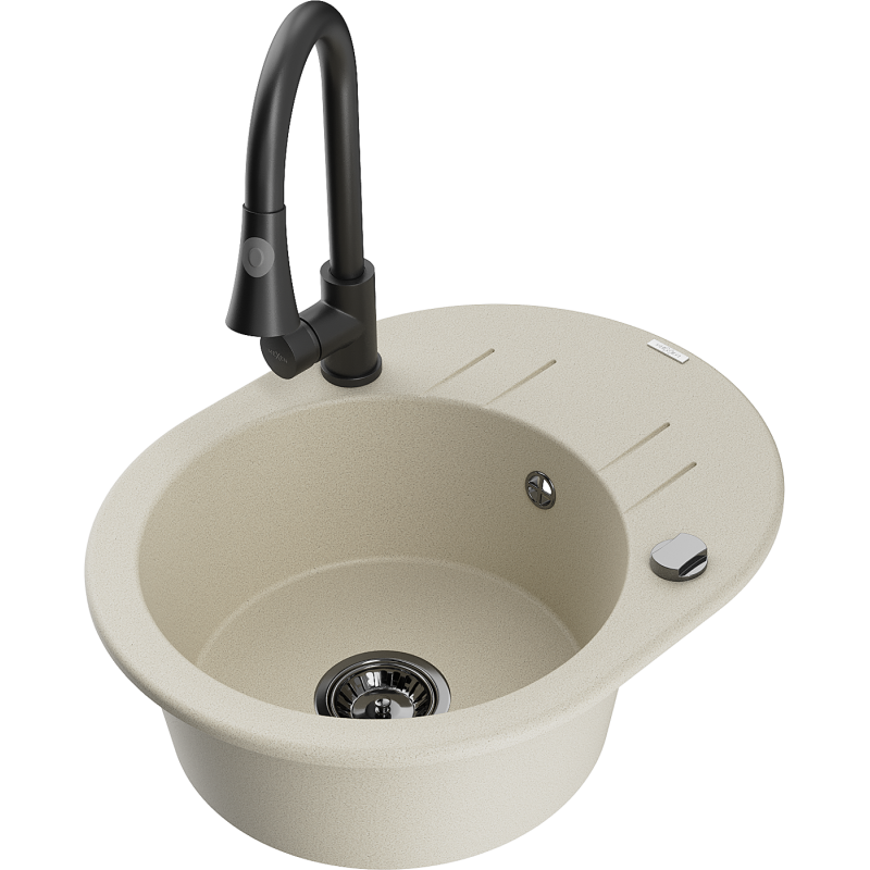 Mexen Kevin granitinė vienos sekcijos plautuvė su nusausintuvu ir virtuviniu maišytuvu Elia, smėlio spalvos