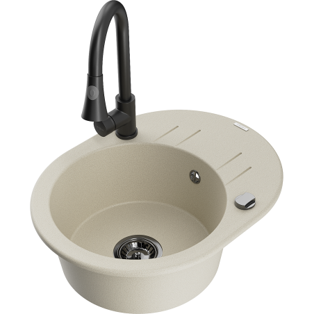 Mexen Kevin granitinė vienos sekcijos plautuvė su nusausintuvu ir virtuviniu maišytuvu Elia, smėlio spalvos