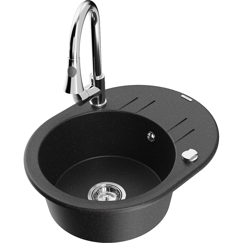 Mexen Kevin granitinė 1 kamerų plautuvė su nusausintuvu ir virtuvės maišytuvu Elia, juoda/sidabrinė metaliko spalva